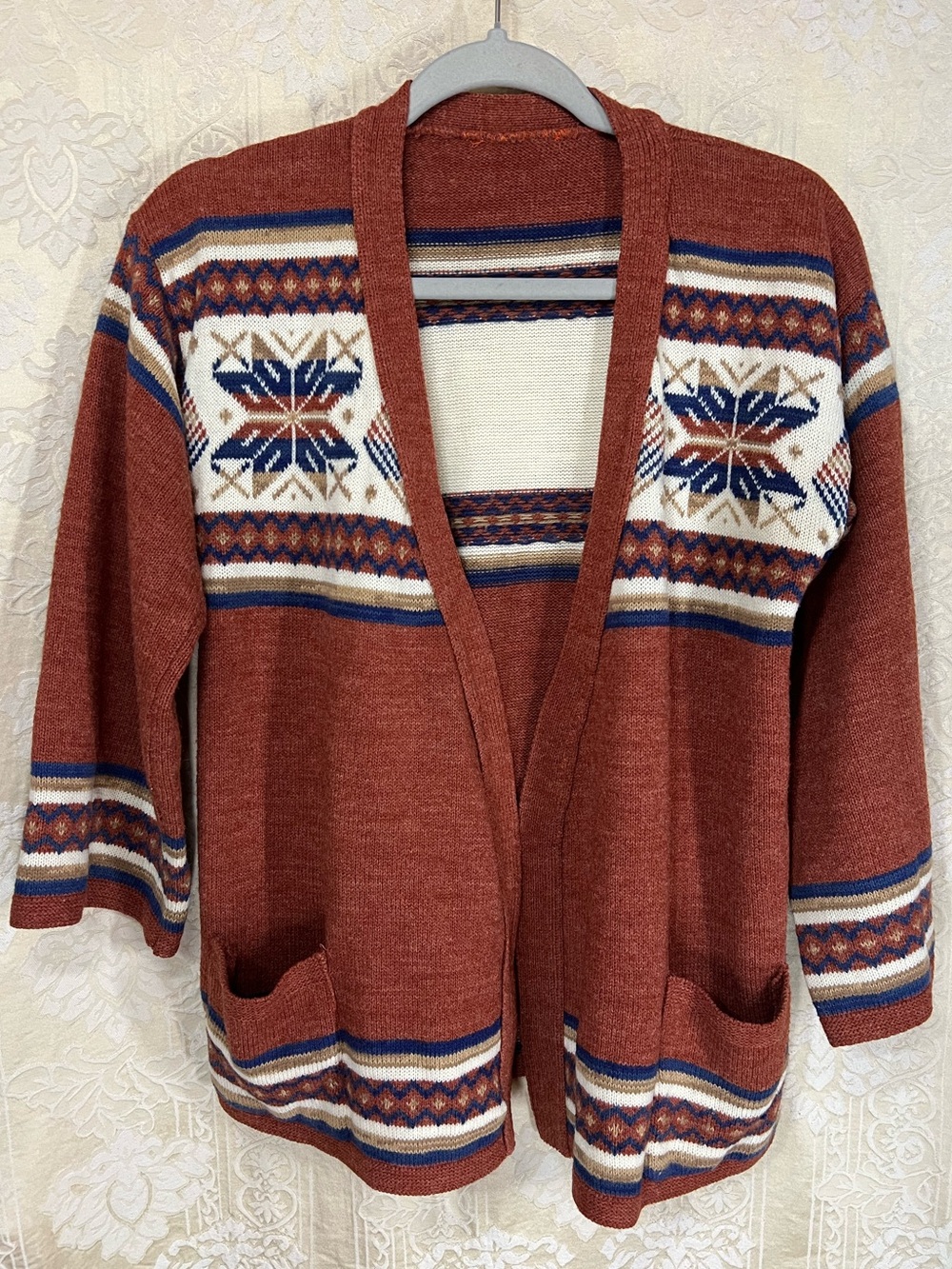 Rust Open-Front Women's Fair Isle Cardigan